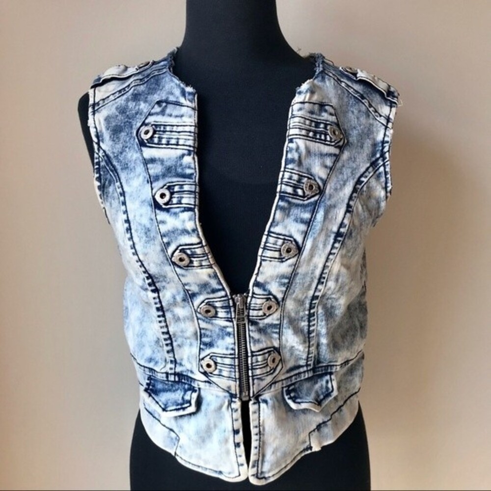 Vintage Military Style Button Denim Vest Acid Wash Jean Zip Size Medium